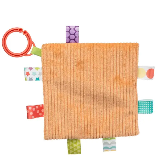 Orange textured square baby toy with colorful tags on a white background
