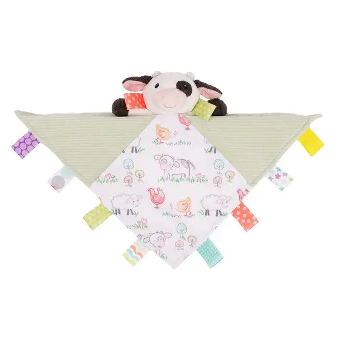 A baby security blanket featuring a plush cow head on a striped sage green fabric, with a central square patch printed with cute farm animal illustrations on a white background and colorful fabric tabs hanging from the corners.