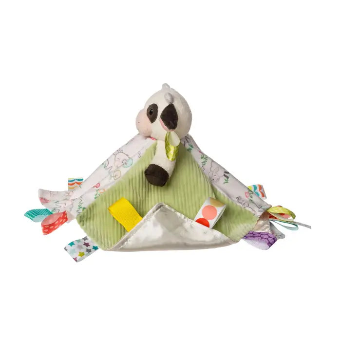 A baby security blanket featuring a plush cow toy attached to a light green corduroy center, with patterned fabric wings and colorful sensory tabs, shown on a plain white background.
