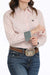 Cinch Women's Geometric Print L/S Western Shirt. Person wearing a pink patterned shirt and blue jeans with a large belt buckle.