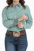 Cinch Women's Stripe Button-Down L/S Western Shirt. Woman wearing a green patterned shirt and blue jeans with a decorative belt.