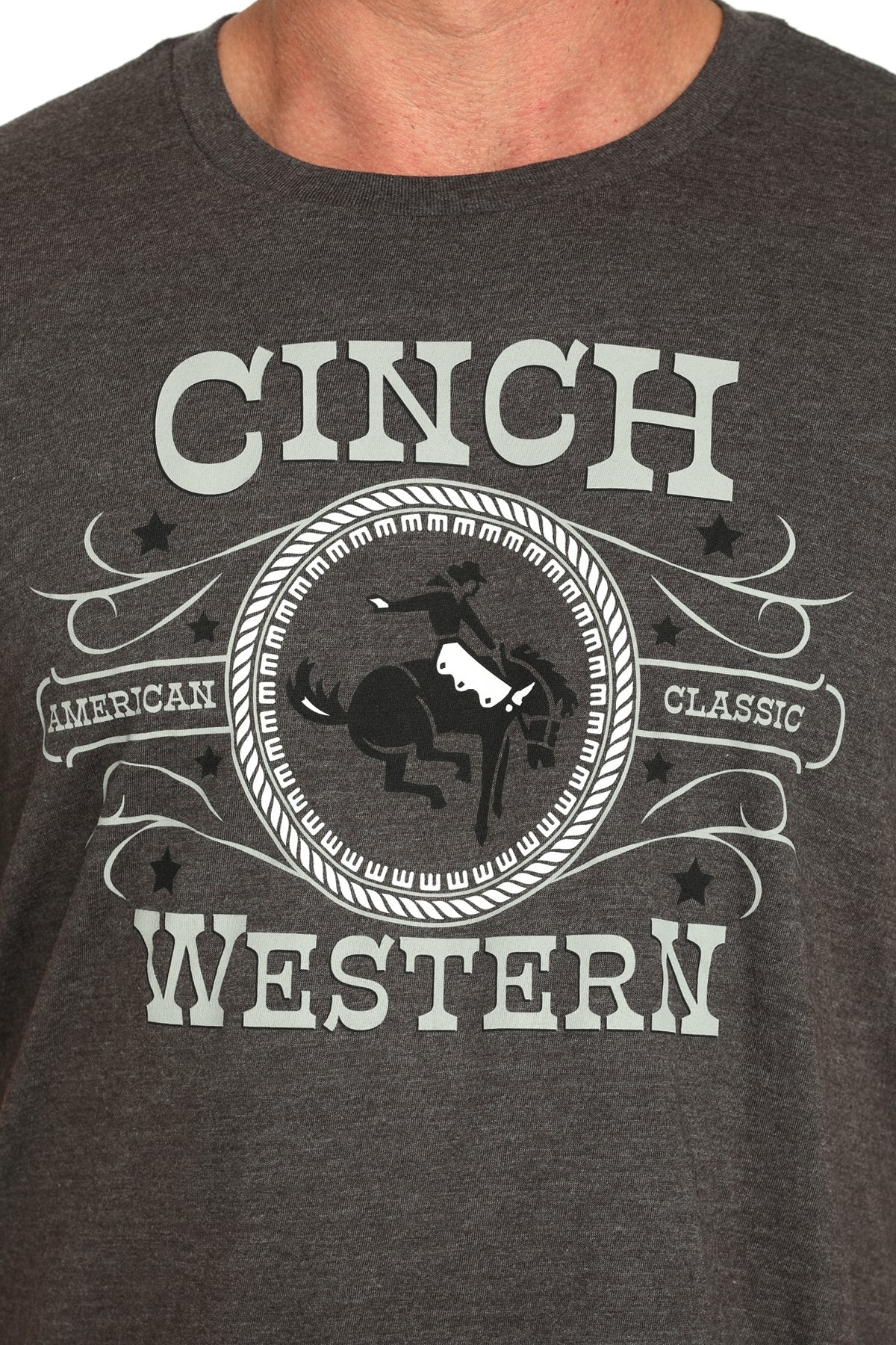 Cinch Men's Western T-Shirt. Dark gray t-shirt with 'Cinch Western' logo and text on a plain background