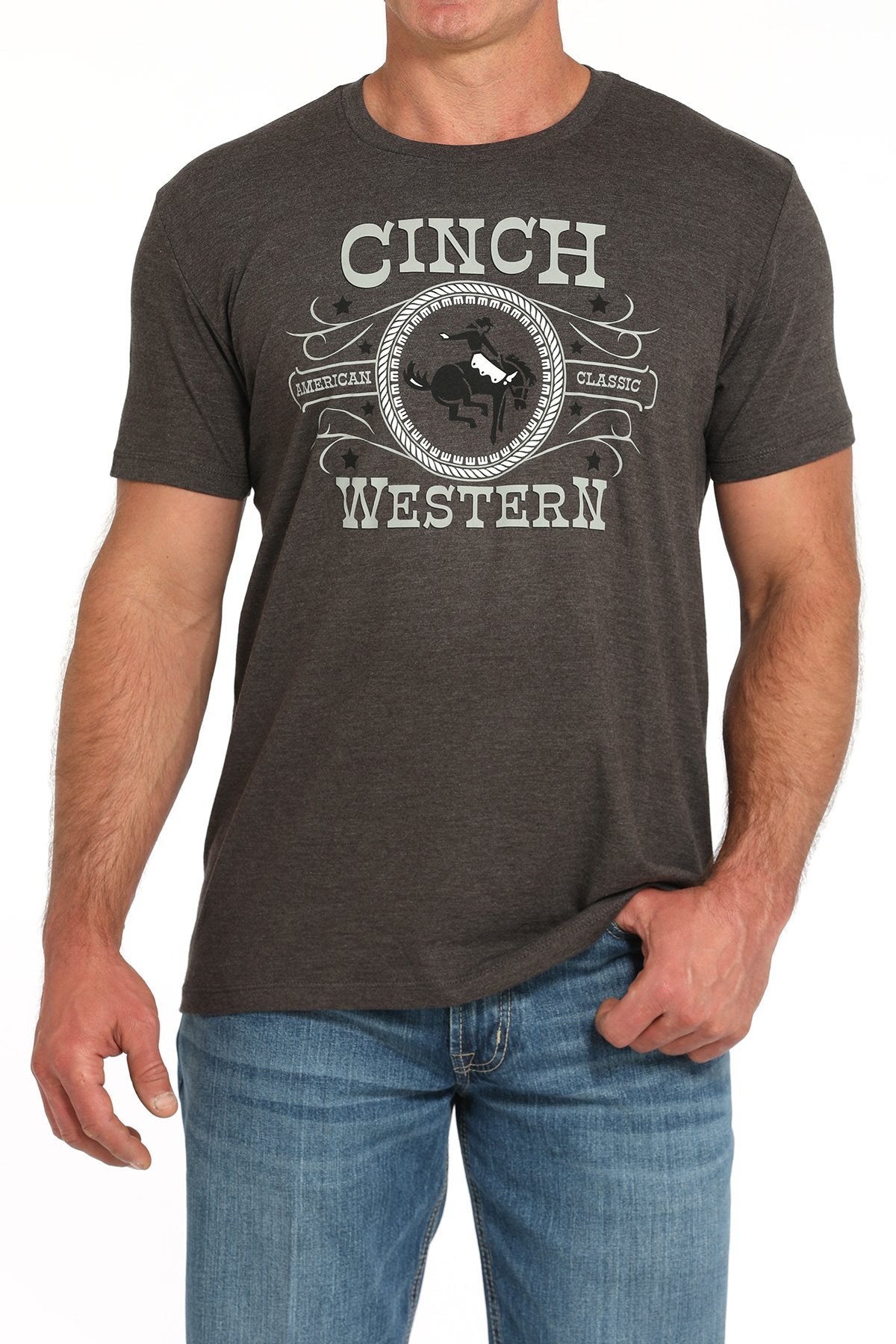 Cinch Men's Western T-Shirt. Man wearing a Cinch Western t-shirt with a graphic design on a plain background