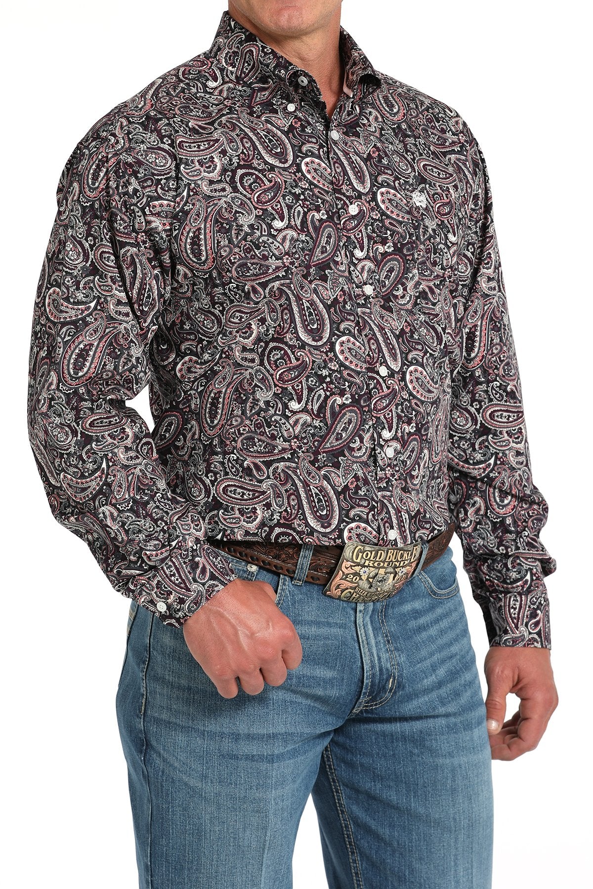 Cinch Men's Paisley Print L/S Western Shirt. Man wearing a patterned shirt and jeans on a white background
