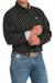 Cinch Men's Geometric Print L/S Western Shirt. Man wearing a black patterned shirt and blue jeans on a white background