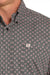 Cinch Men'sMedallion Print L/S Western Shirt. Close-up of a patterned shirt with a collar and buttons.