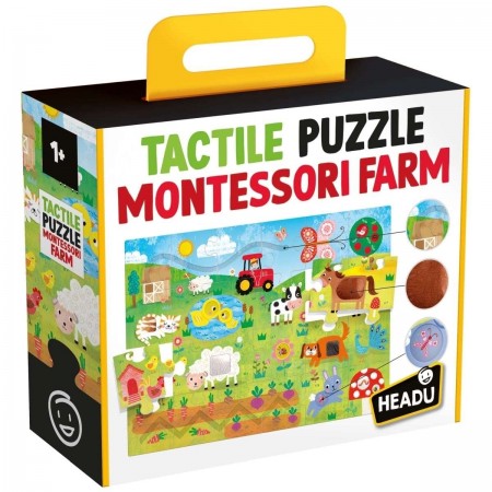 Tactile Puzzle Montessori Farm. Tactile puzzle Montessori farm packaging with colorful design and yellow handle.