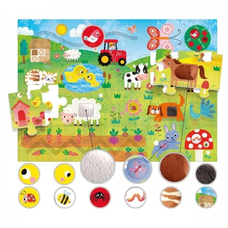 Tactile Puzzle Montessori Farm. Children's farm-themed puzzle with wooden pieces and colorful illustrations