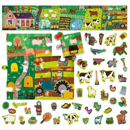 Puzzle + Stickers The Farm. Farm-themed puzzle with pieces and farm animal figures on a white background