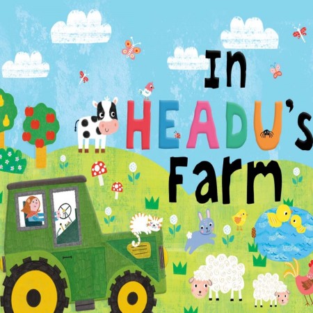 Puzzle + Stickers The Farm. Book cover of 'In HEADU's Farm' with a green tractor, farm animals, and colorful text.
