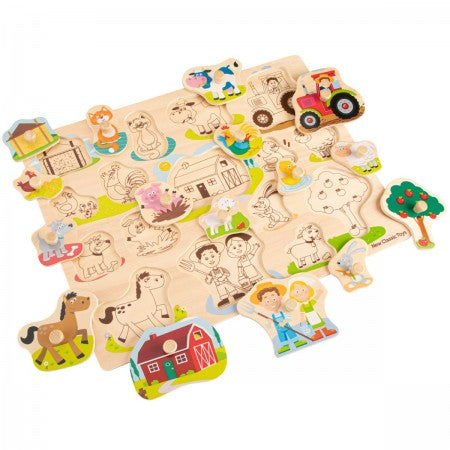 FSC Large Peg Puzzle Farm. Wooden farm-themed puzzle with various farm animals and scenes on a white background.