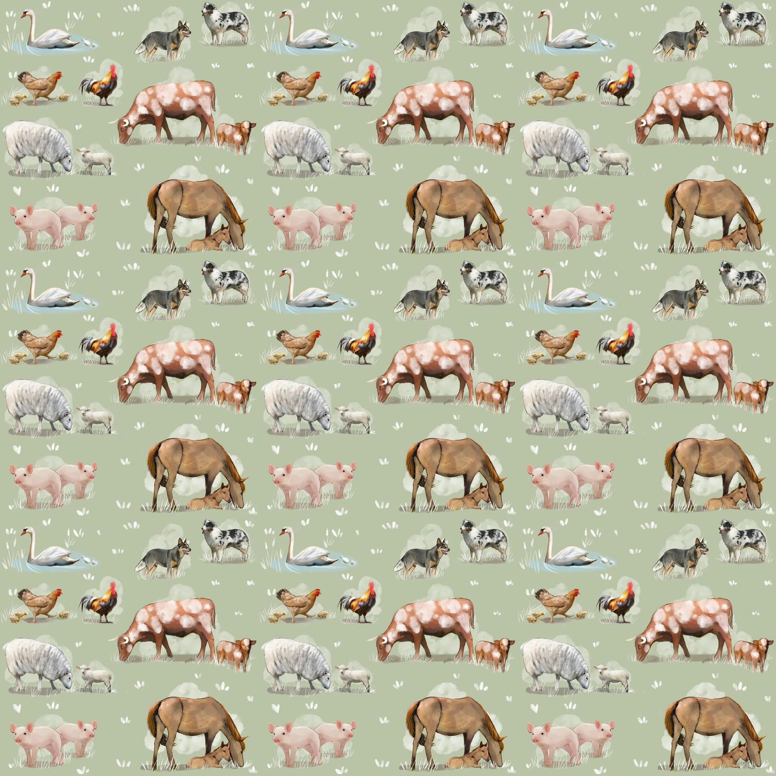 A repeating pattern of farm animals on a pale sage green background, including cows, pigs, horses, chickens, ducks, swans, sheep, goats, and calves, rendered in soft watercolor-style illustrations.