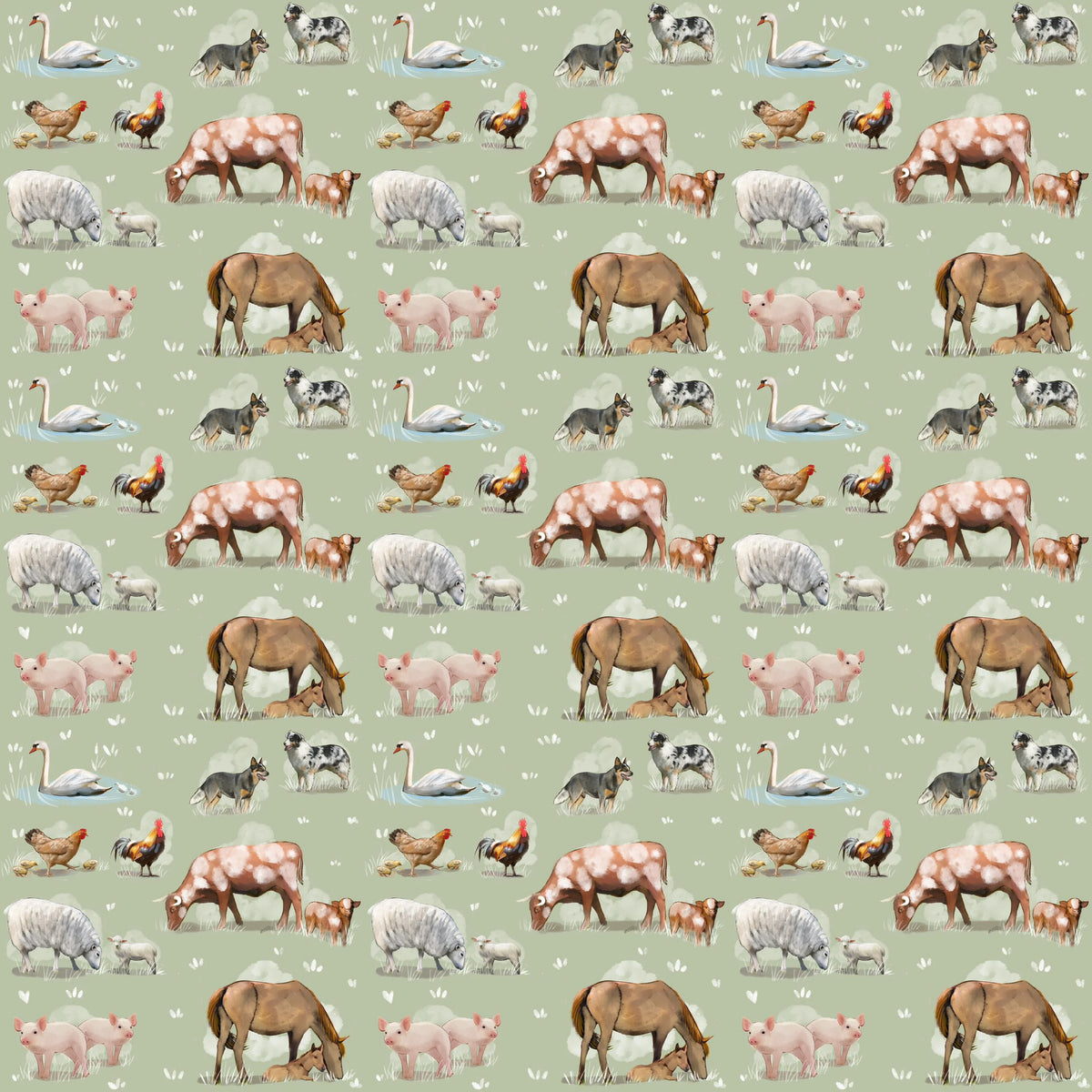 A repeating pattern of farm animals on a pale sage green background, including cows, pigs, horses, chickens, ducks, swans, sheep, goats, and calves, rendered in soft watercolor-style illustrations.