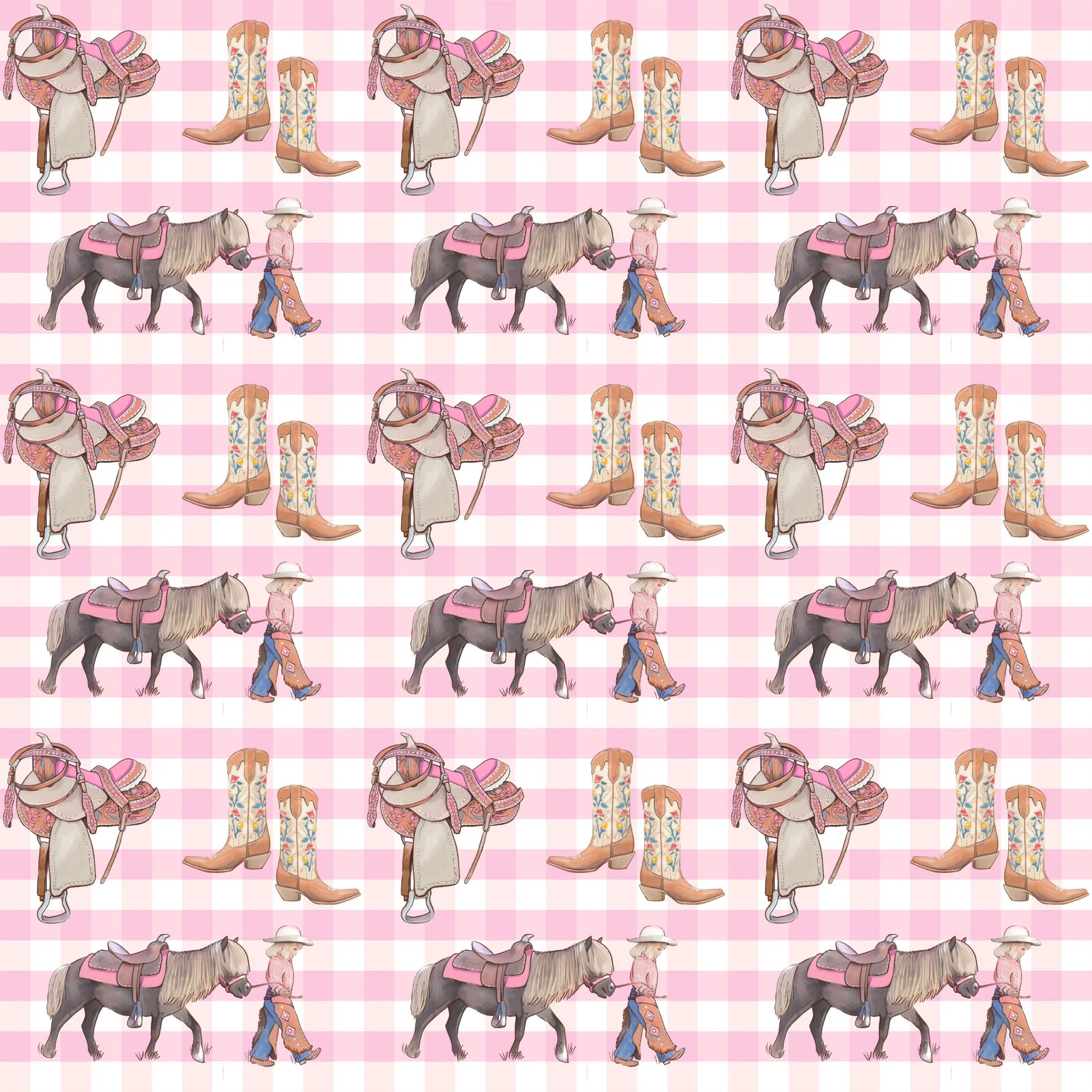 A repeating western-themed pattern featuring a cowboy in a beige hat and gray outfit walking a gray horse, alongside matching cowboy boots and saddlebags, all set on a pink and white gingham background.