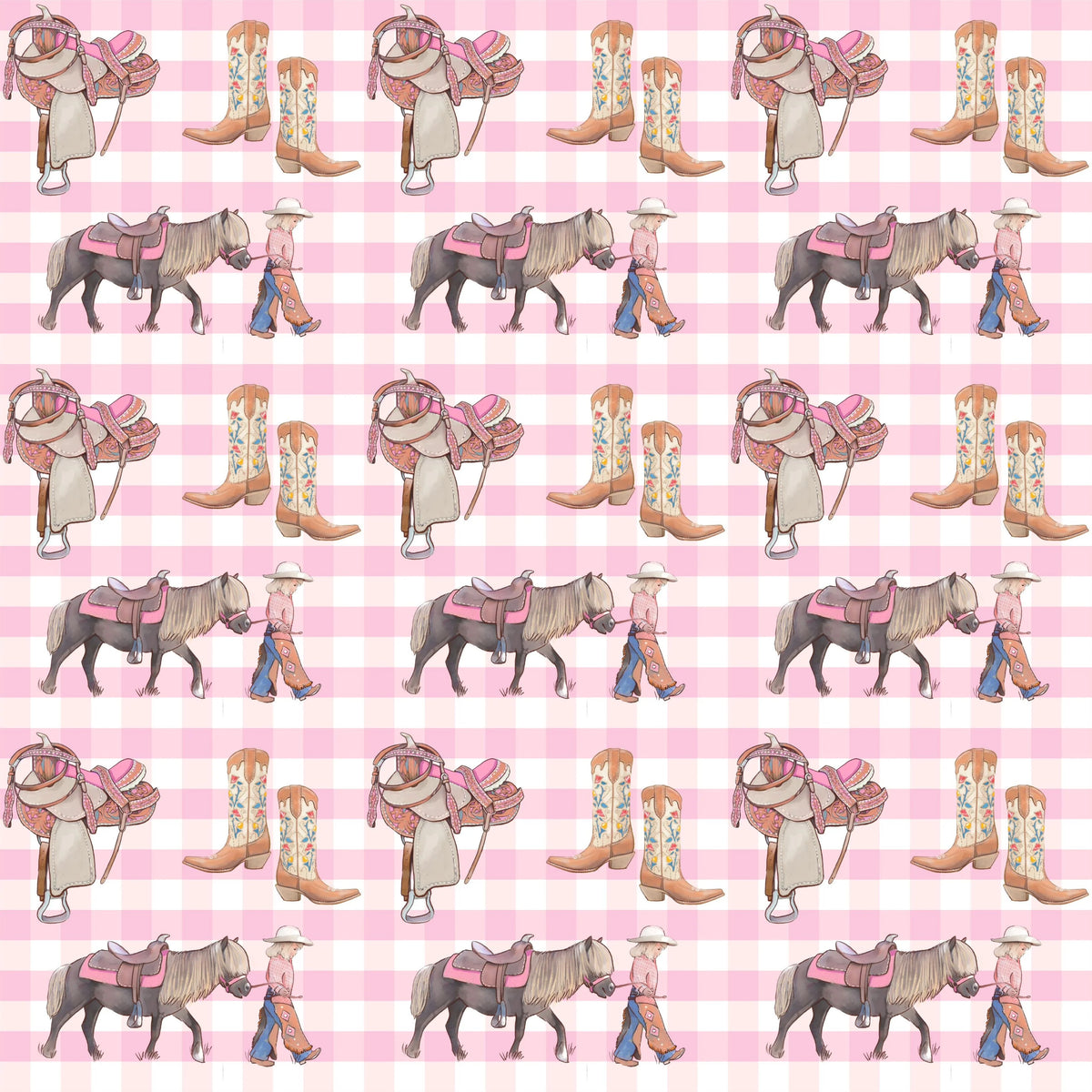 A repeating western-themed pattern featuring a cowboy in a beige hat and gray outfit walking a gray horse, alongside matching cowboy boots and saddlebags, all set on a pink and white gingham background.