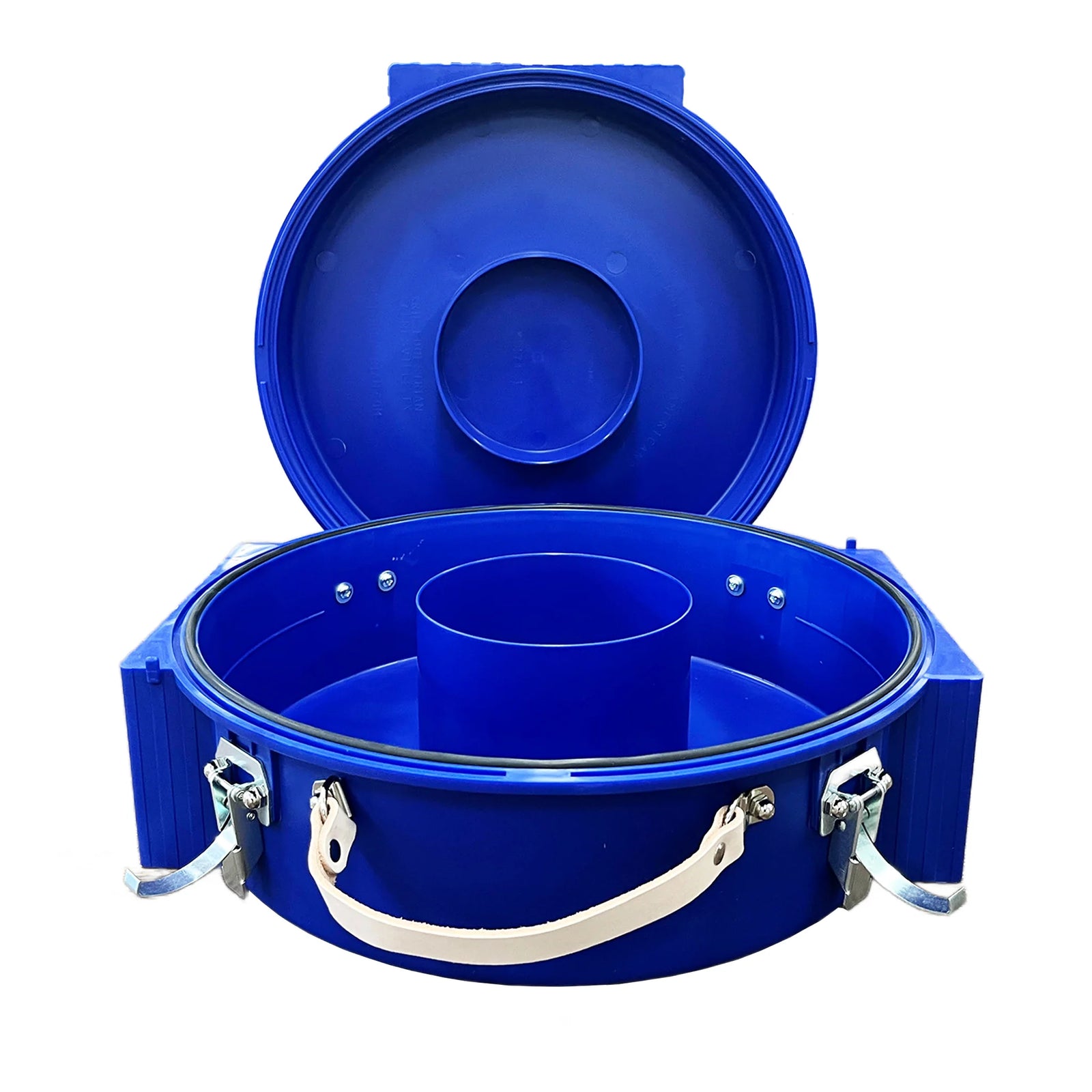 A blue circular hard case with an open lid, featuring a central cylindrical insert, metal latches, a white handle, and silver metal corner protectors, shown on a plain white background.