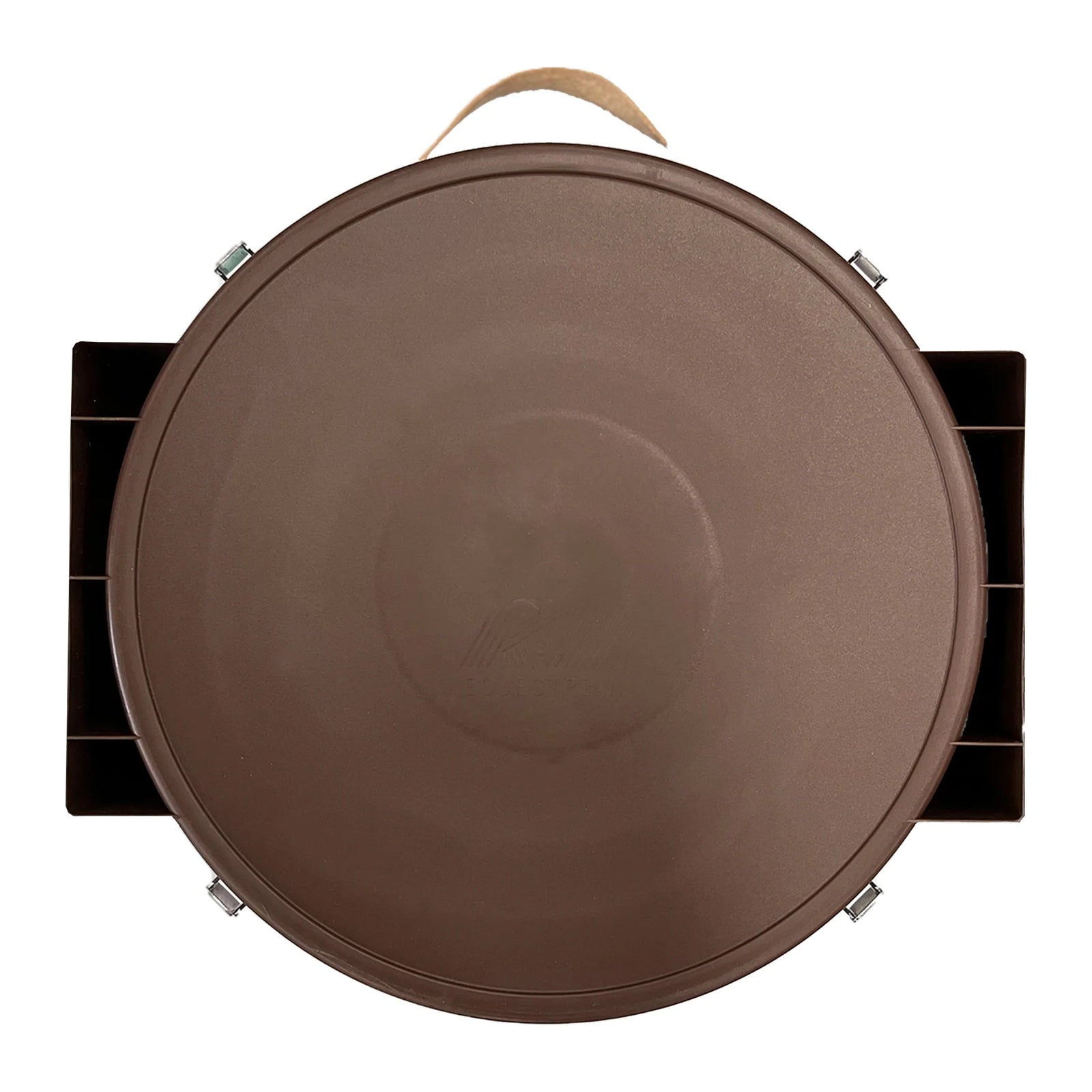 A brown plastic two-compartment pot lid shown open, with the inner pot lifted up, photographed on a plain white background.