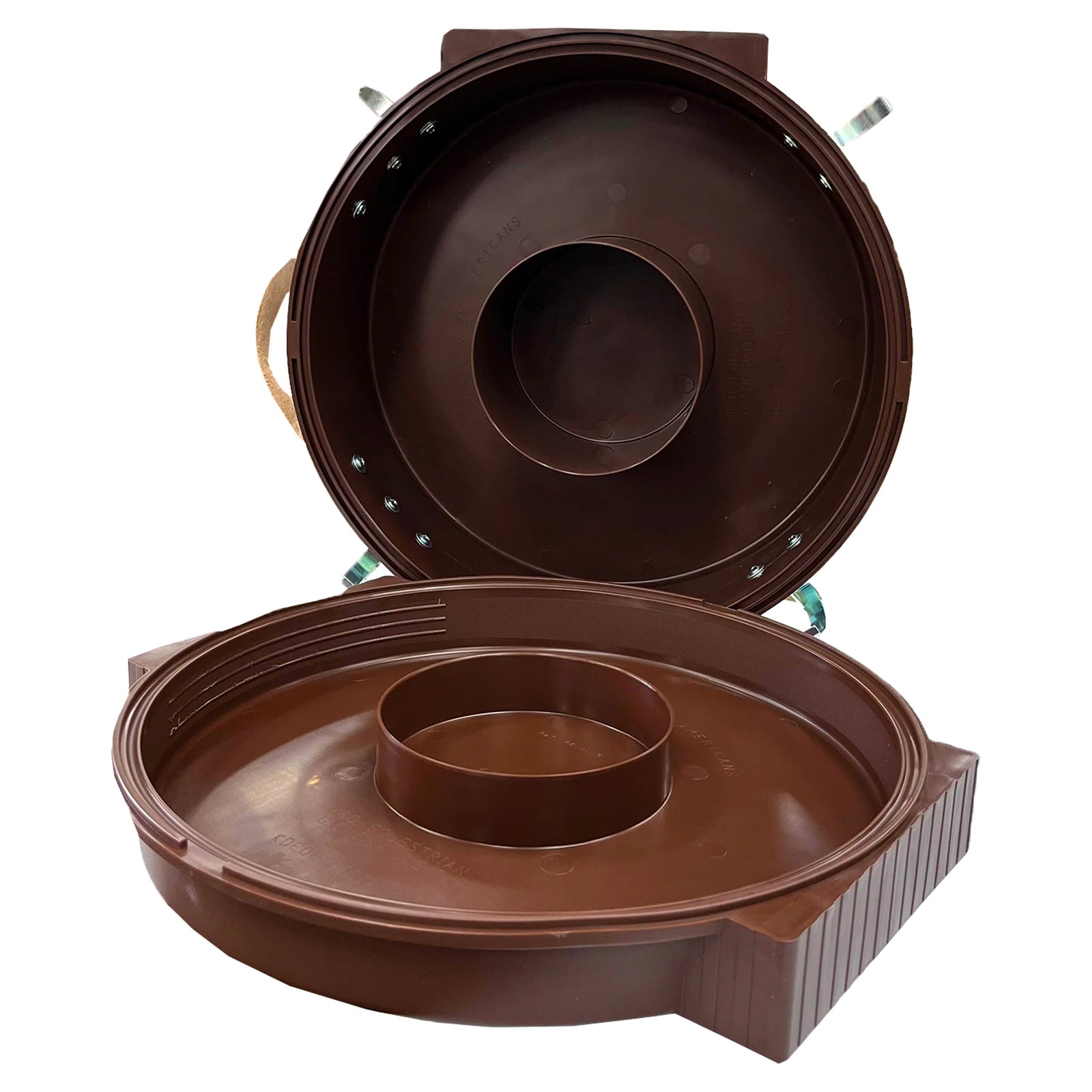 A brown plastic two-compartment pot lid shown open, with the inner pot lifted up, photographed on a plain white background.