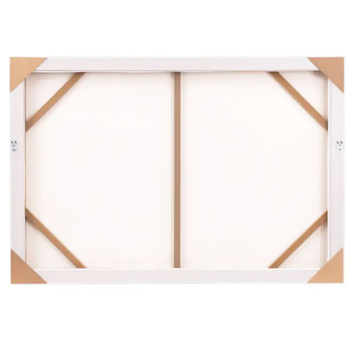 An unprimed canvas easel back with a white wooden frame, tan corner protectors, and visible internal support beams on a white background.