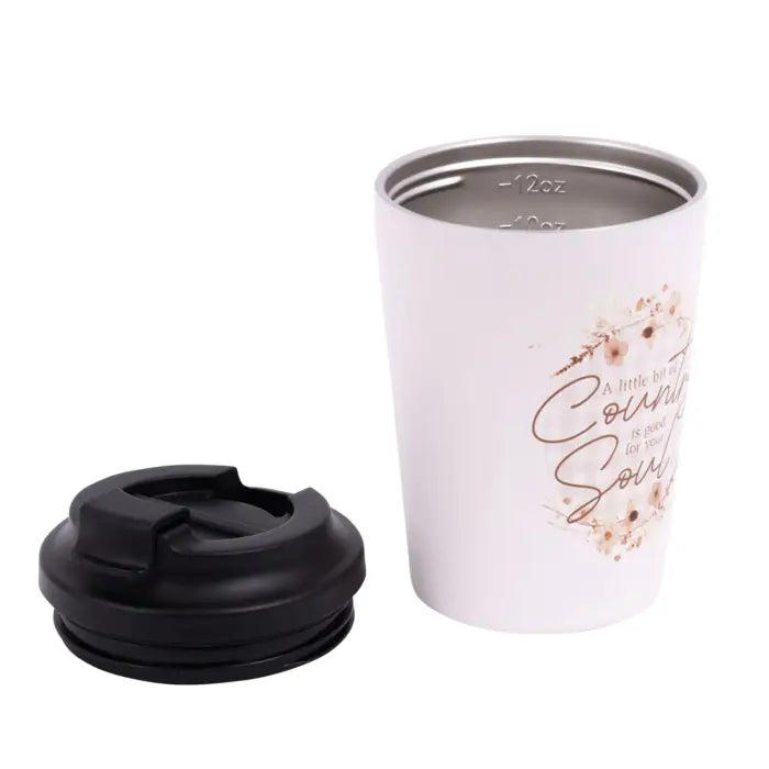 White travel mug with floral design and text, accompanied by a black lid on a white background