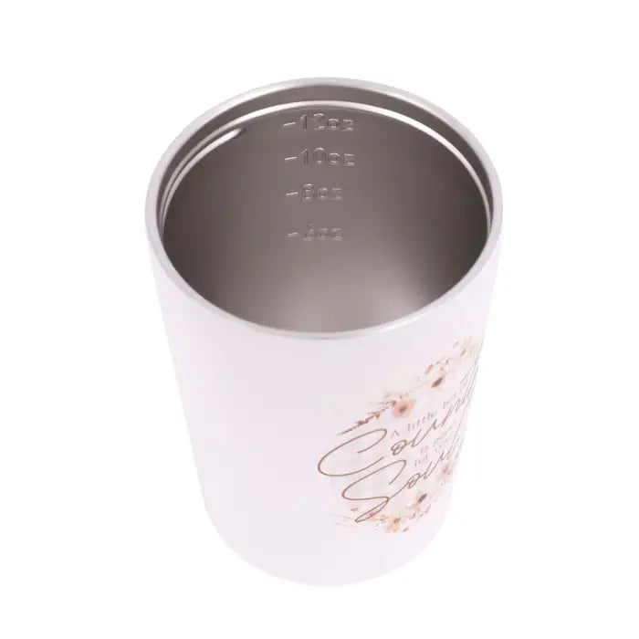 A white insulated stainless steel tumbler with floral graphics and cursive text on the side, shown from a top-down angle to highlight the interior measurement markings.