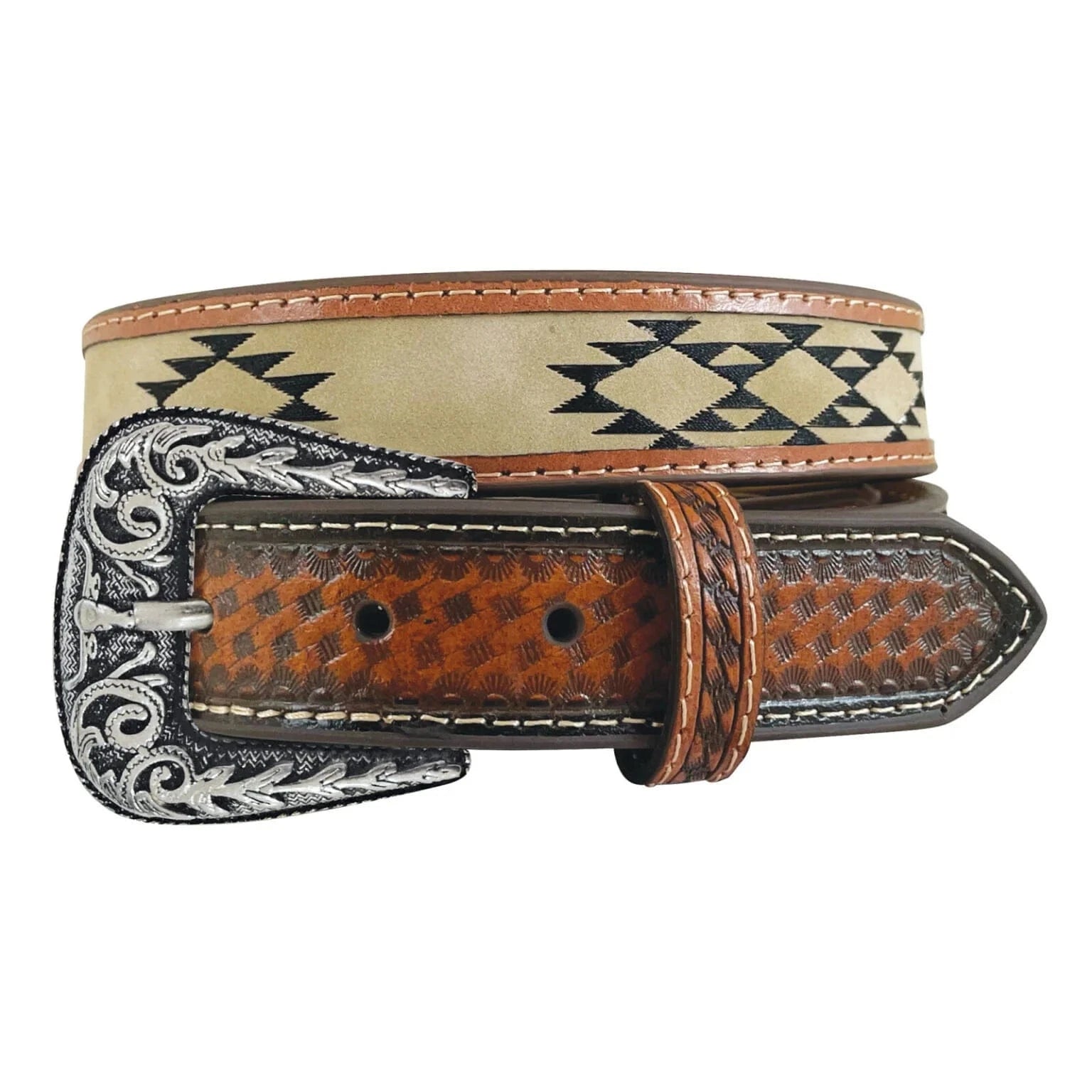 Roper Boy's Genuine Leather Aztec Embroidered Inlay Basket Weave Belt Roper