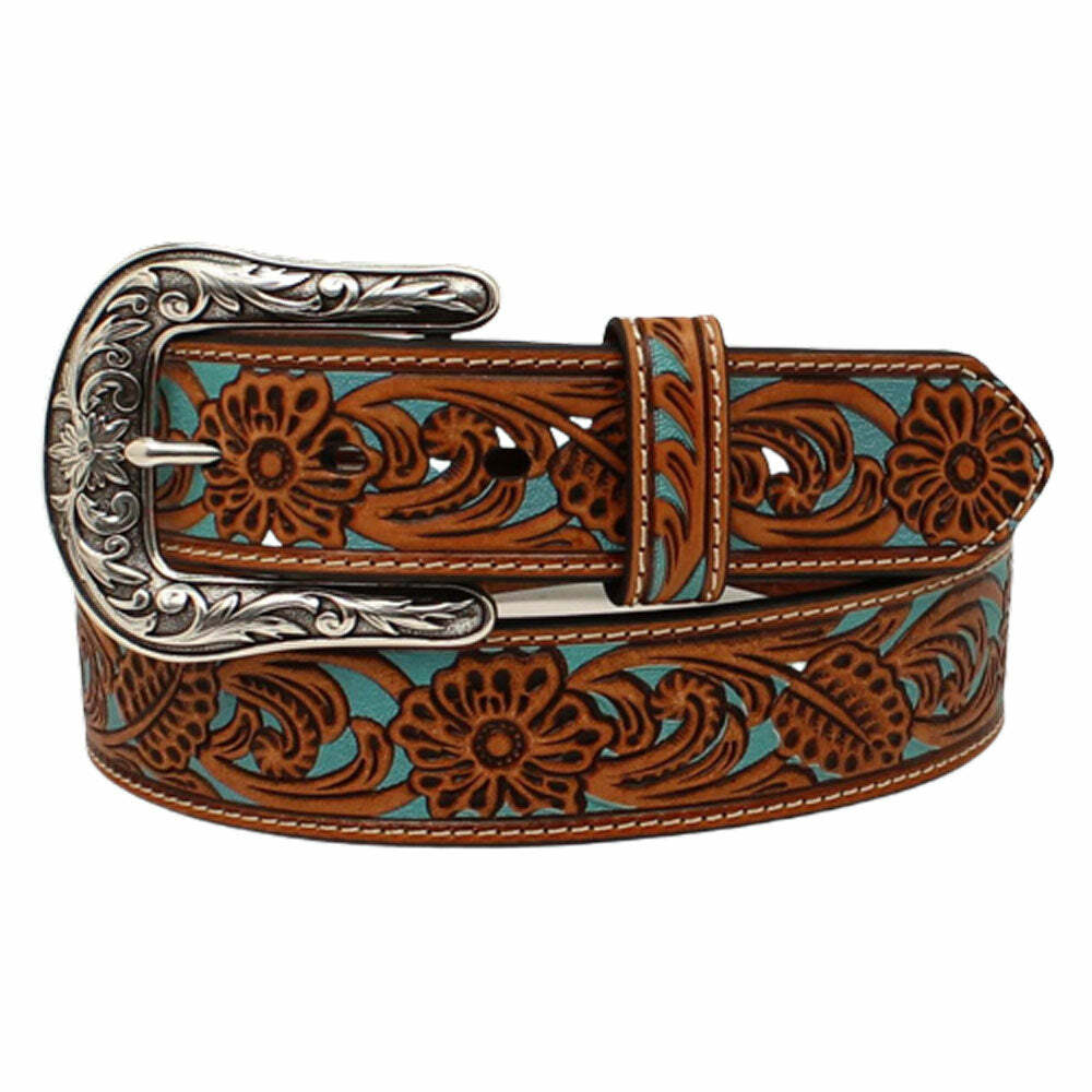 Decorative leather belt with floral patterns and a silver buckle on a white background