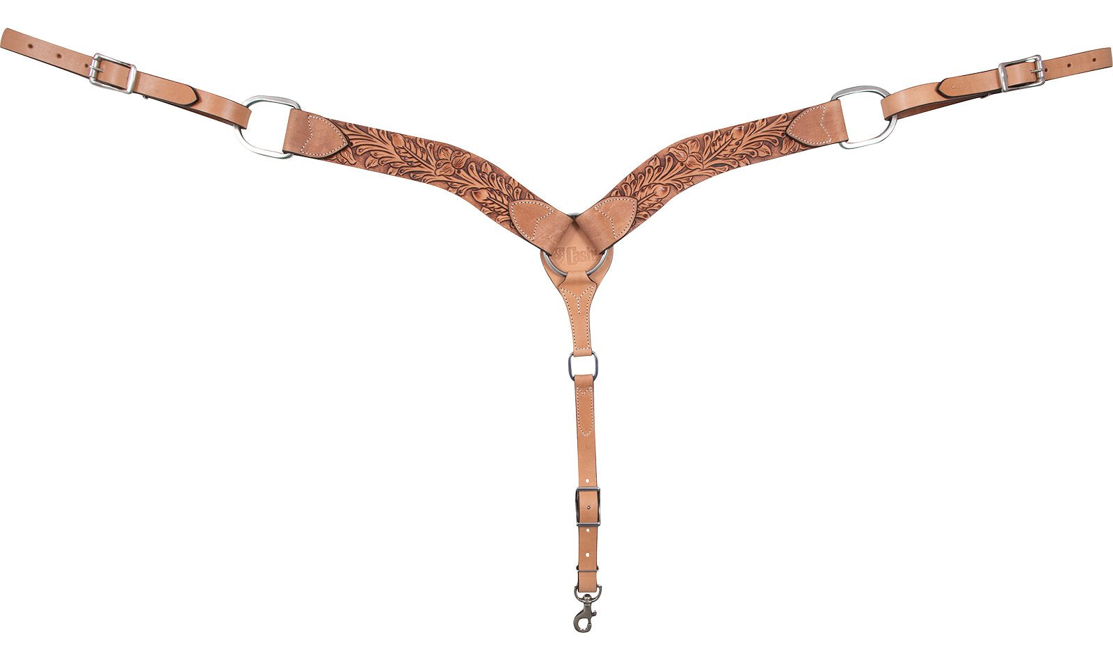 Cashel 2 1/4" Breastcollar with Antique Leaf Tooling. Brown leather harness with intricate designs on a white background