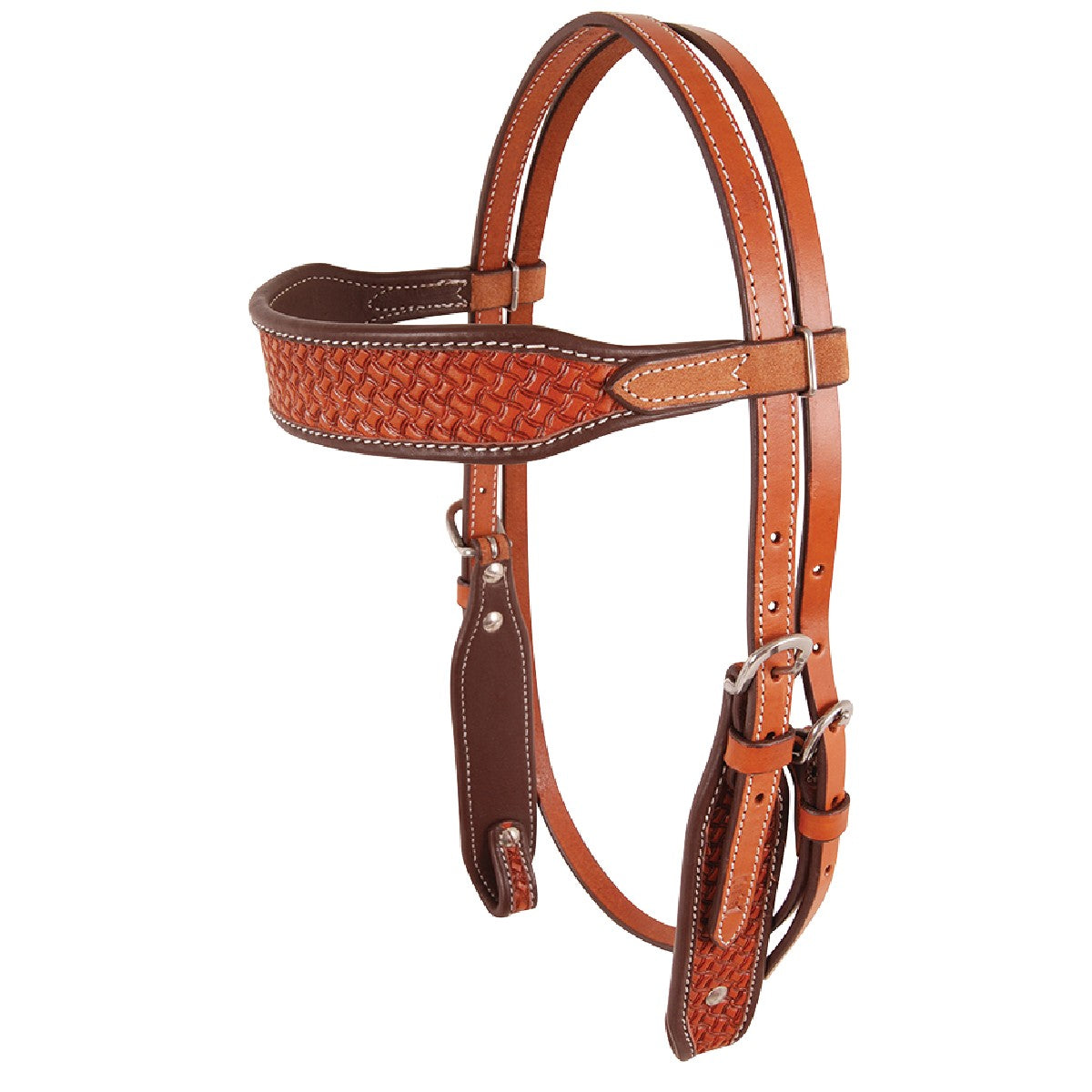 Cashel Browband Headstall with Basket Tooling. Brown leather horse bridle with intricate patterns on a white background