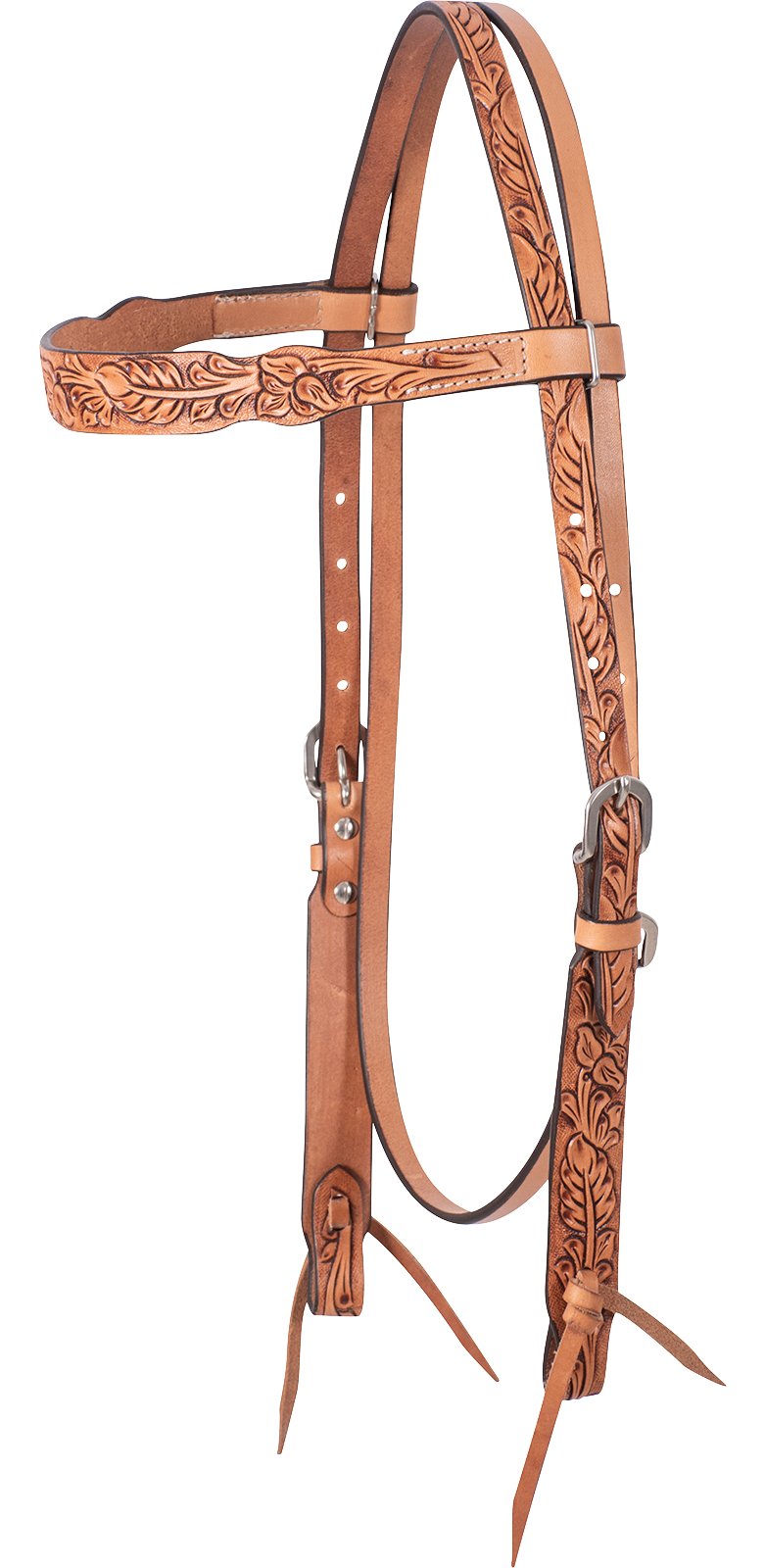 Cashel Browband Headstall with Antique Leaf Tooling. Brown leather horse bridle with intricate designs on a white background