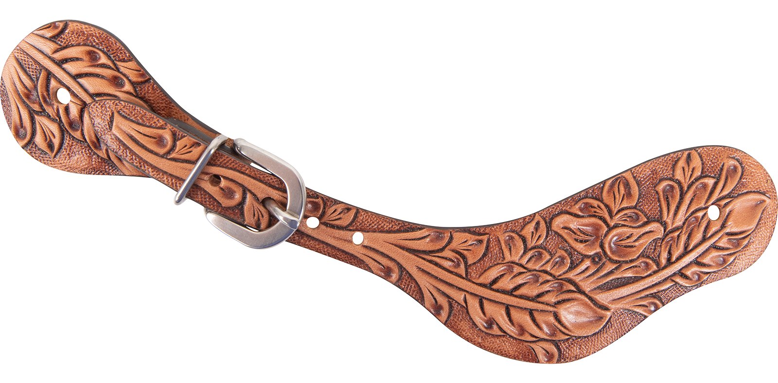 Cashel Spur Straps with Antique Leaf Tooling. Brown leather spur with intricate designs on a white background