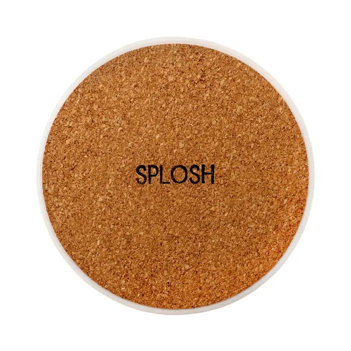 A round cork coaster with a white border and the word 'SPLOSH' printed in black in the center, shown on a solid white background.