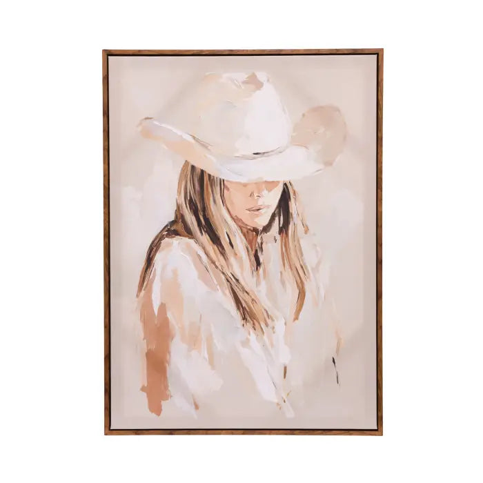 Framed watercolor-style portrait wall art showing a woman in a white cowboy hat, with warm beige, tan, and brown tones and a thin brown frame on a white background.
