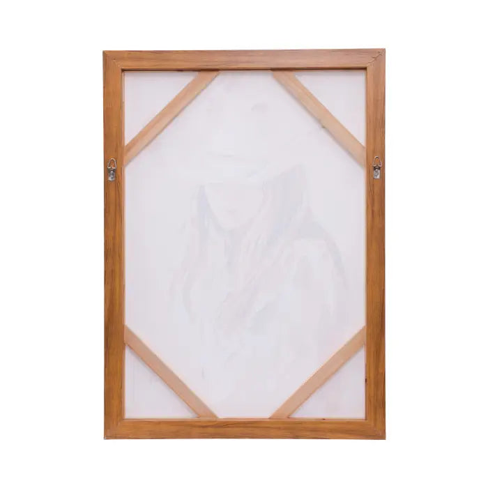 A wooden picture frame with a light natural wood finish, featuring a white canvas insert with diagonal support beams and metal hanging hardware on the left and right sides, shown against a plain white background.