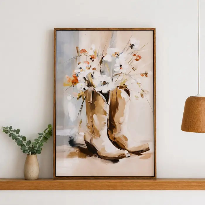 A framed vertical painting of a bouquet of white and orange flowers arranged in tan cowboy boots, displayed on a wooden shelf against a white wall with a small vase and green stems on the left and a hanging lamp on the right.