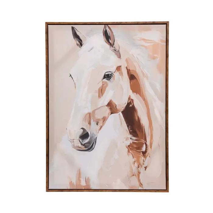 Framed canvas wall art featuring a stylized painted portrait of a white horse with warm beige, tan, and brown brushstrokes, shown against a plain white background.