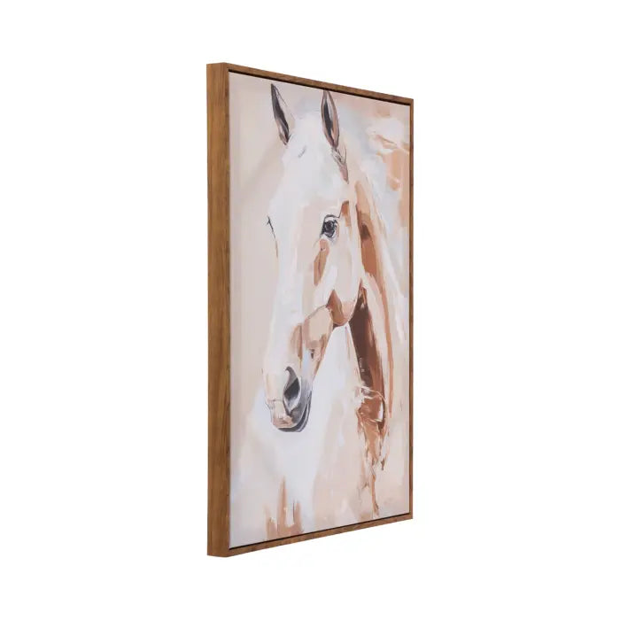 Framed canvas wall art featuring a stylized portrait of a white and light brown horse, shown hanging at an angle against a plain white background.