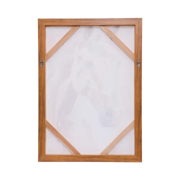 A wooden picture frame with a light brown finish, holding a white canvas or backing, shown against a plain white background.