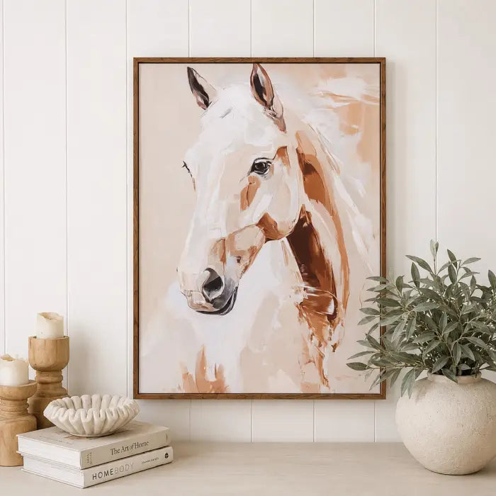 A framed canvas art print of a white and brown horse head, styled on a white paneled wall above a table with books, candles, and a potted plant.