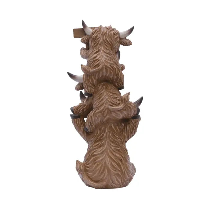 A brown textured Scottish Highland cow figurine shown from the back, featuring horns and detailed fur texture, isolated on a white background.