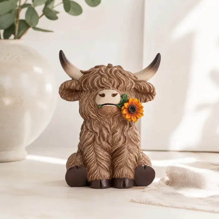 A decorative Highland cow figurine with shaggy brown fur, dark brown hooves, curved horns, and a small yellow sunflower in its mouth, styled on a light surface with a white vase and green leaves in the background.