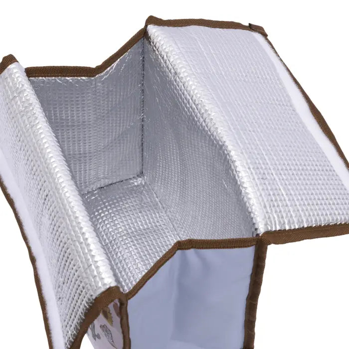 Close-up of the interior of a silver reflective cooler bag with brown trim, showing the textured foil lining and white fabric base against a white background.
