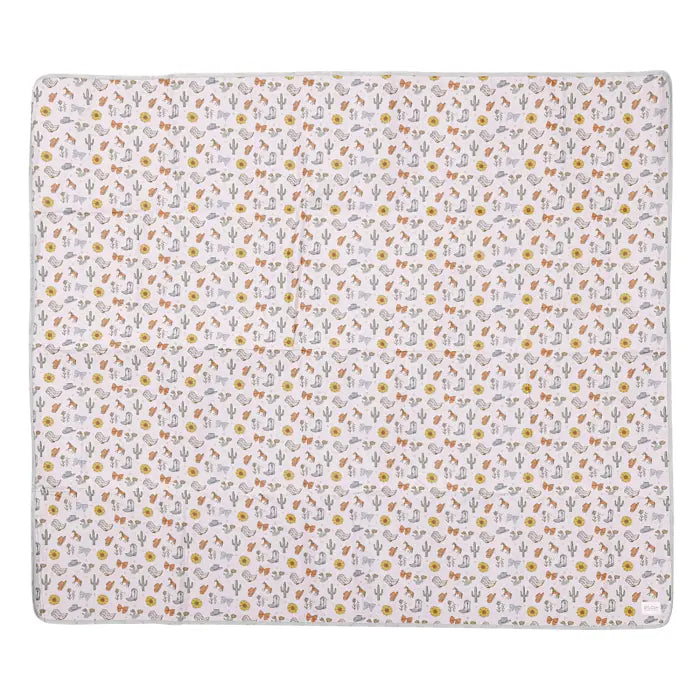 A square baby blanket with a white background and a dense, all-over repeating pattern of small cacti, flowers, and butterflies in muted orange, yellow, and gray.