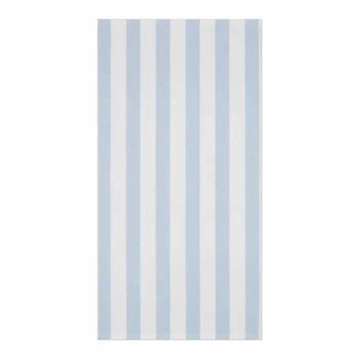 A rectangular beach towel with vertical light blue and white stripes, shown flat against a solid white background.