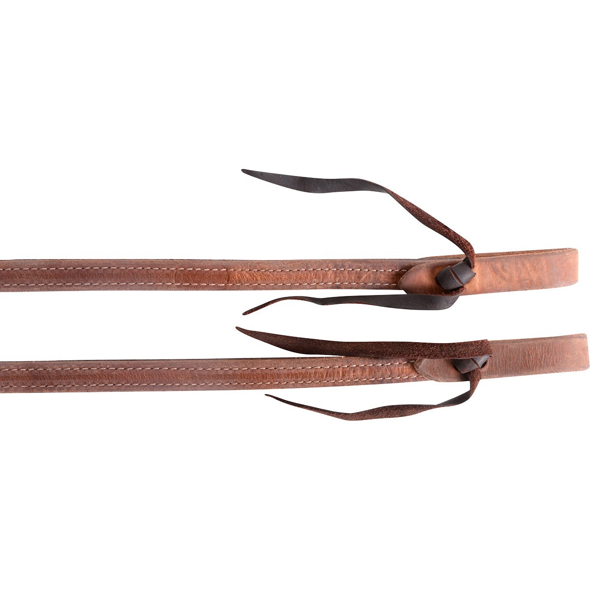 Martin Saddlery 5/8" Double Stitched Split Reins. Two brown leather quivers with black tips on a white background