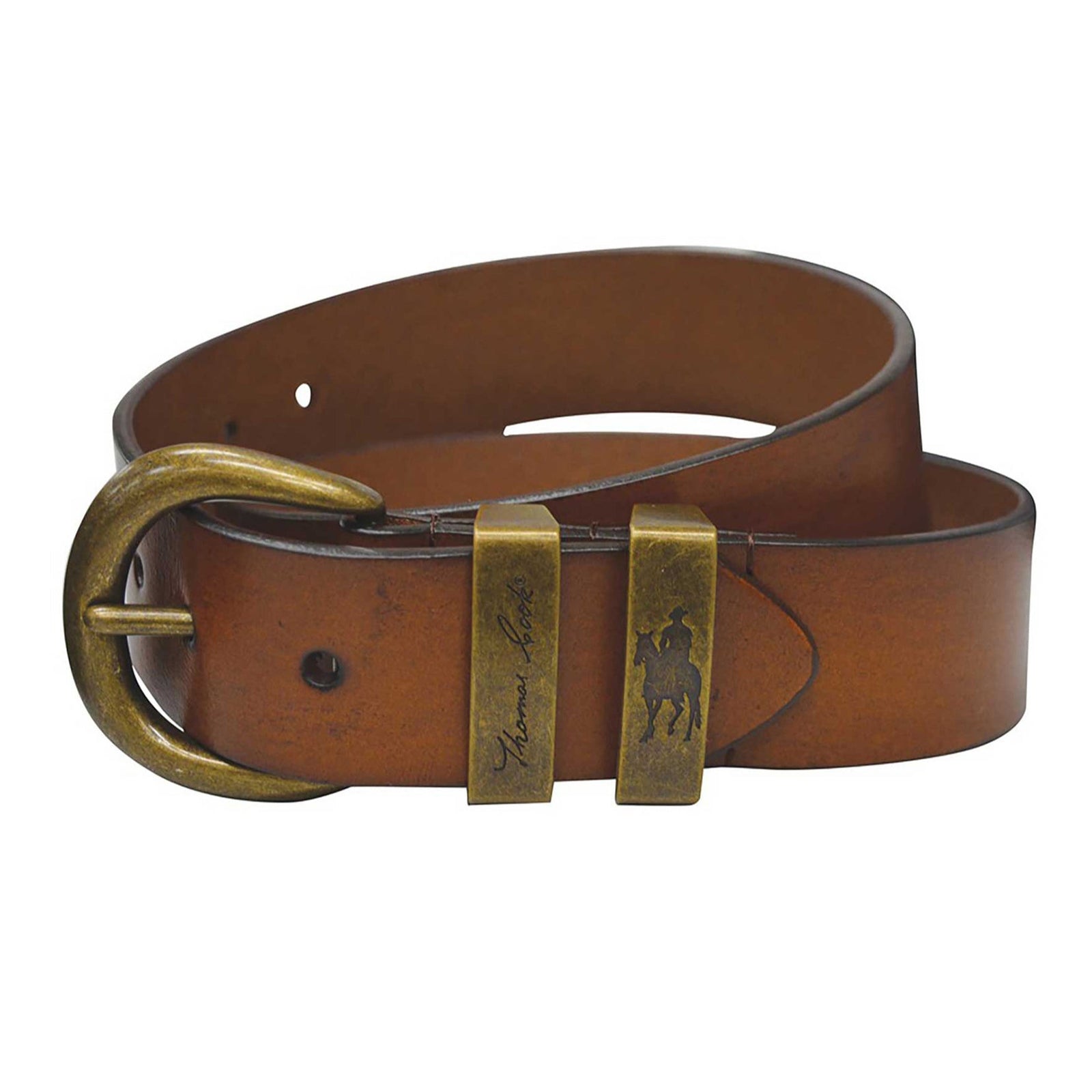 Thomas Cook Brass Twin Keeper Belt. Brown leather belt with brass buckle on a white background