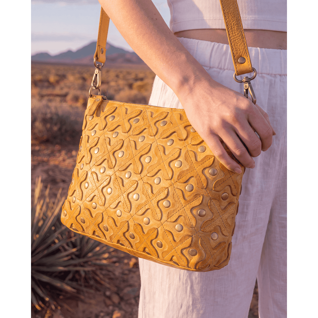 Trim Woven Washed Leather Sling with Studs - Tan The Design Edge