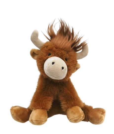 Plush toy cow with brown fur and white face on a white background