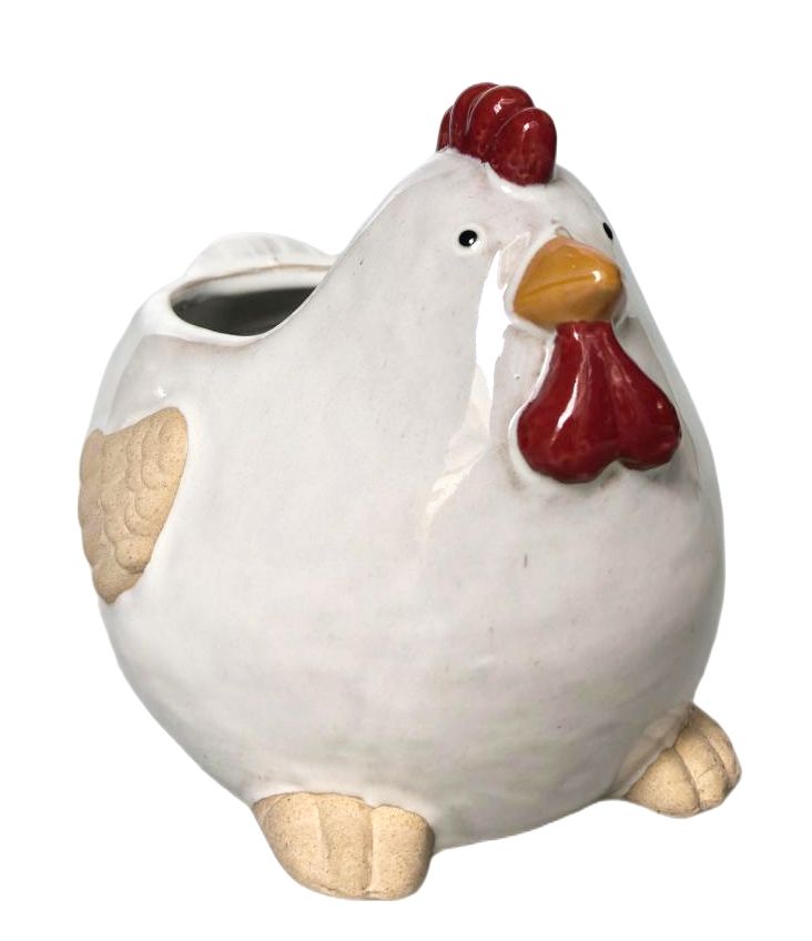A ceramic chicken-shaped container or planter with a glossy white body, red comb and wattle, beige feet and wing, and a yellow beak, shown on a plain white background.