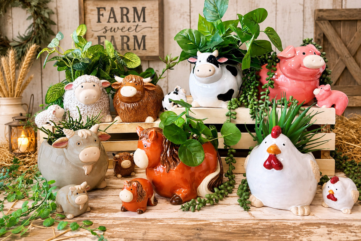 A styled collection of ceramic farm animal planters including a cow, pig, horse, sheep, chicken, and pig, arranged on wooden crates with green foliage against a rustic 'Farm Sweet Farm' wooden sign background.